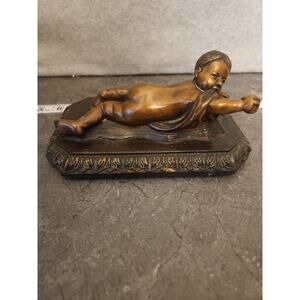 Bronze Crawling Baby Signed Della Robbia Italian Bronze Laying Cherub on Pillow